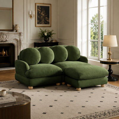Canapé 3 places en chenille, assise profonde, avec 4 coussins décoratifs, pouf amovible, structure en bois massif, vert. Parfait pour le salon ou la chambre.