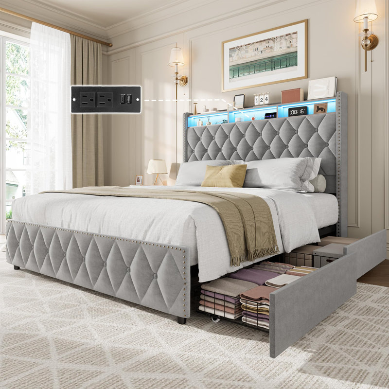 Bed Frame With 50.8" Tall Headboard, Platform Velvet Upholstered Bed Frame With 4 Storage Drawers, Light Gray, King