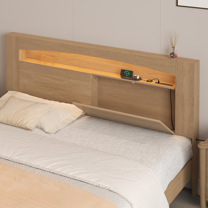 Headboard Full Size Bed With Storage, Rgb Led Lights & Built-in Charging Station, Magnetic Hidden Compartments, Smart Ambient Lighting For Bedroom, Seamless Wall Fit Design