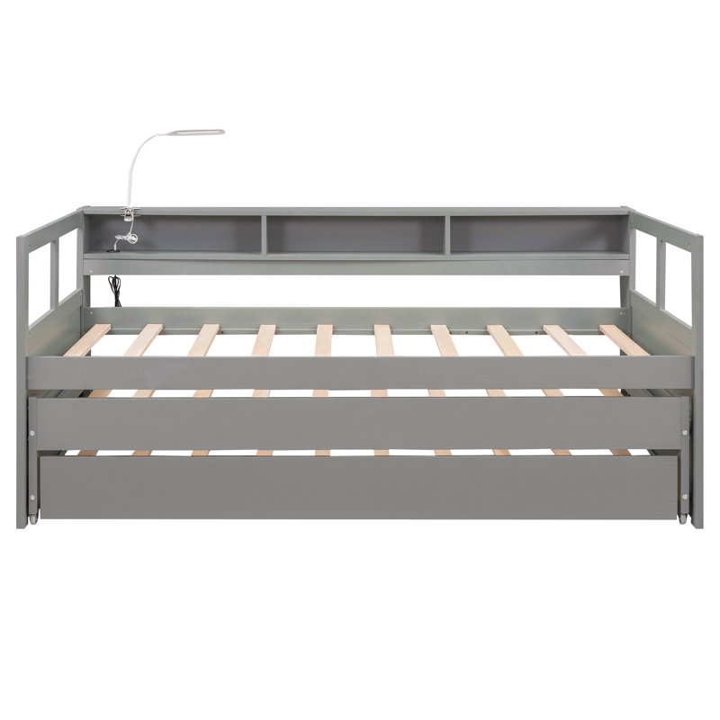 Twin Xl Wood Daybed With 2 Trundles, 3 Storage Cubbies, 1 Light For Free And Usb Charging Design, Gray