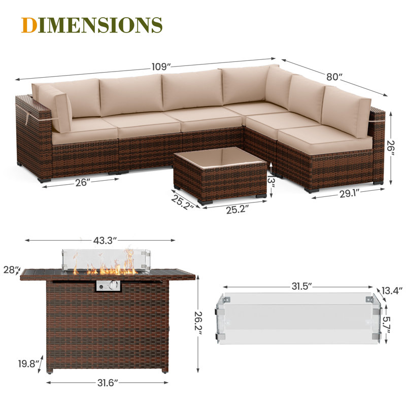 Romanas 8 Piece Patio Conversation Sets With Fire Pit Table, Khaki