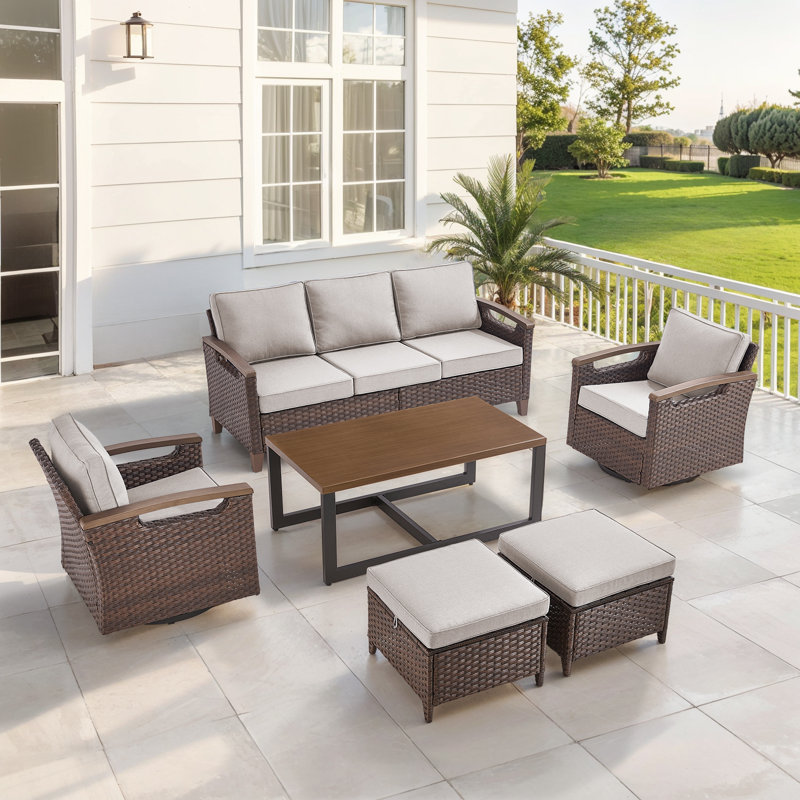 Arundel 6-Pieces Outdoor Patio Wicker Furniture Conversation Set With Coffee Table, Beige
