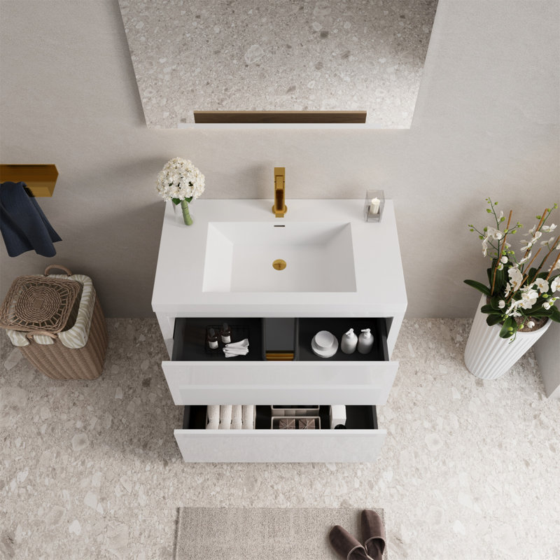 Meuble-lavabo autoportant de 36 pouces avec lavabo, comptoir en résine de pierre et tiroirs à fermeture en douceur pour un rangement élégant