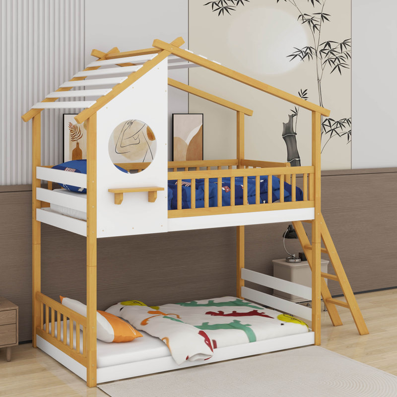 Twin Over Twin Bunk Bed Wood Bed With Roof, Window And Ladder