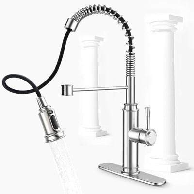 Robinet de cuisine - Robinet d'évier de cuisine à ressort avec pulvérisateur rétractable à 3 modes, poignée simple et plaque de pont pour trous 1 ou 3, rotation à 360 °, acier inoxydable sans plomb pour barre de camping-car