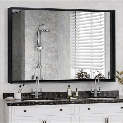 36X30inch Glossy Black Bathroom Mirrors For Wall Rectangle Vanity Mirror Corner Hangs Farmhouse Mirror Modern Metal Framed Rectangular Mirror, Decorative Square Corner Mirror(Horizontal & Vertical)