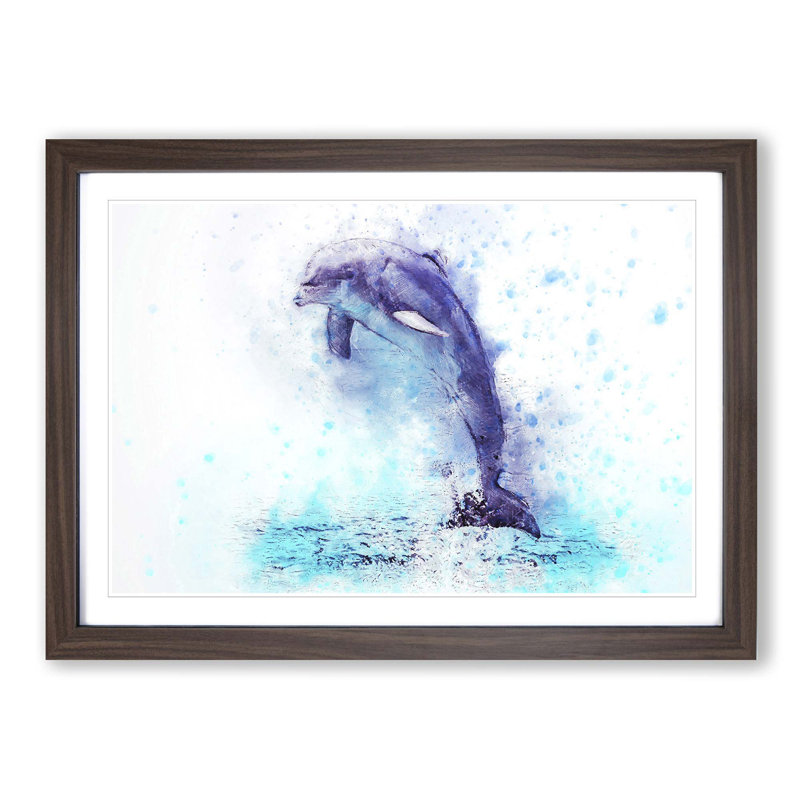 Jumping Dolphin in Abstract - Picture Frame Painting Print, 48cm H x 65cm W x 2cm D, Walnut Framed