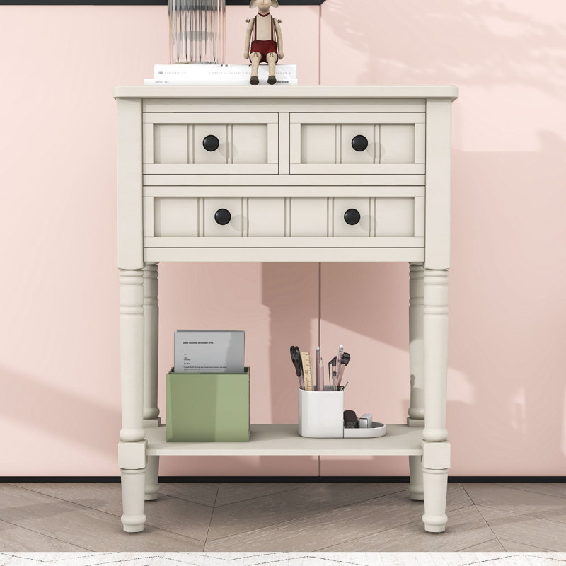 Draga Retro Narrow Console Table with Storage Drawers and Shelf for Living Room, Ivory White