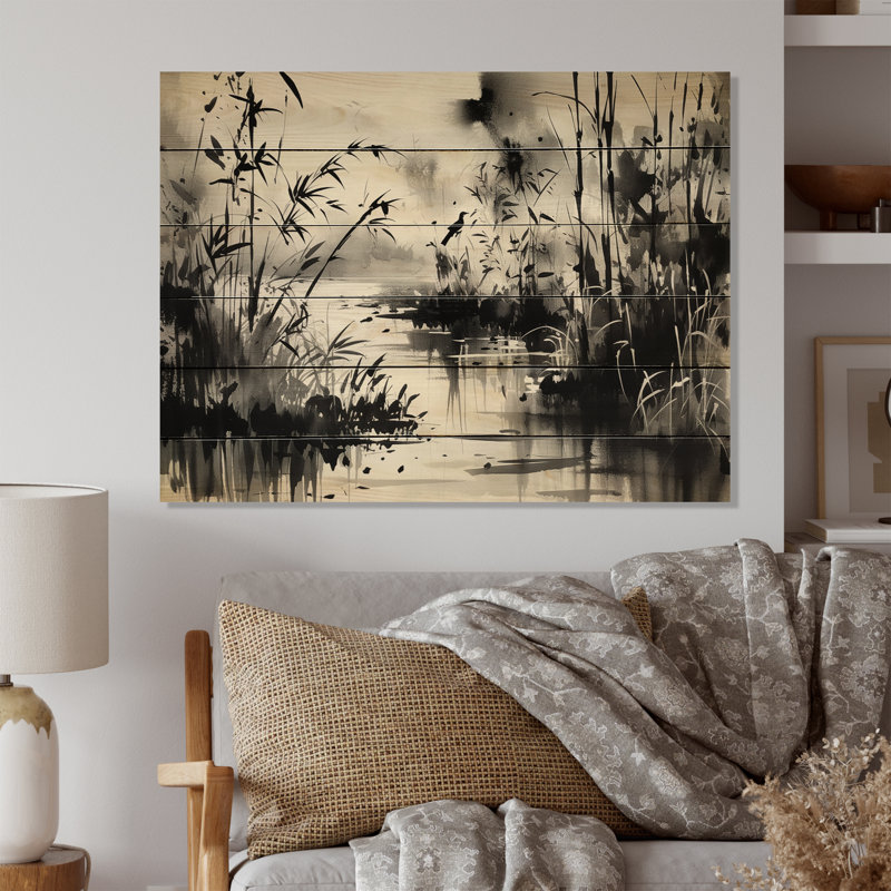 Reproduction de paysages japonais sur bois de pin naturel, noir et blanc, Asia Streams, H 10 po x l 20 po x P 0,78 po