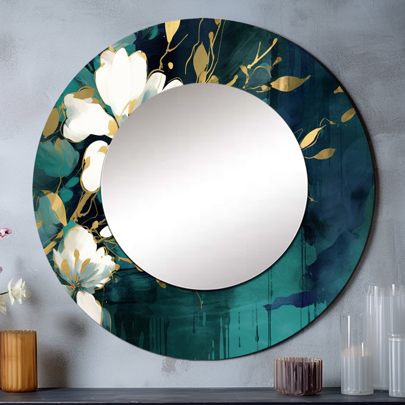Plantes blanches sarcelle blanches dans le chaos III - miroir mural décoratif floral, miroir traditionnel, impression d'art en métal