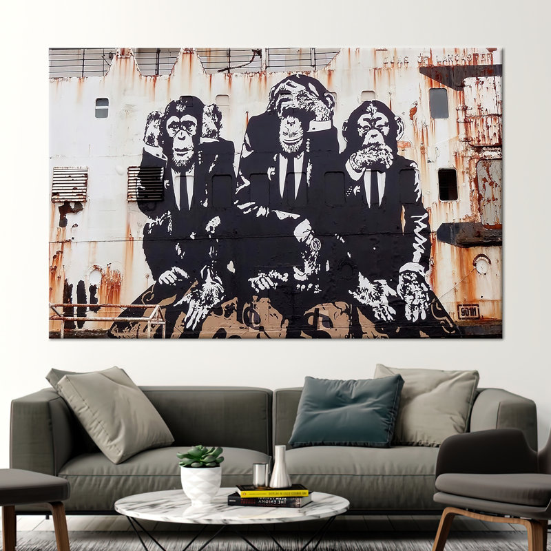 Trois singes de Banksy, œuvre de trois singes, art mural de singe Banksy, art de rue, décoration murale de singes sages,