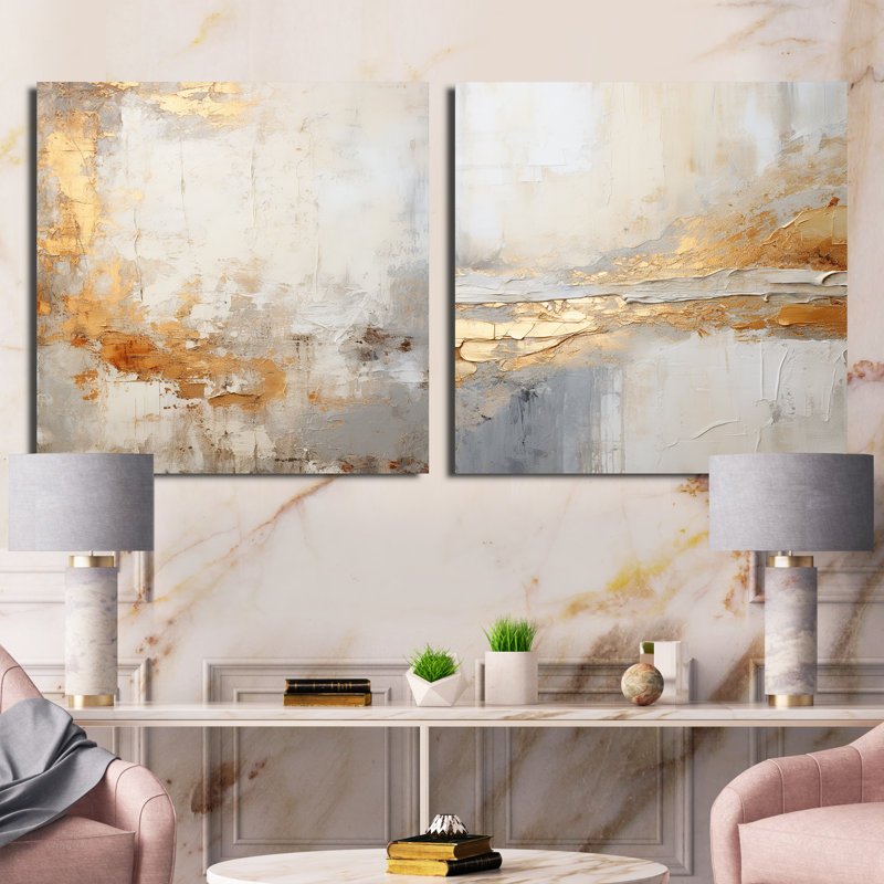 Fusion abstraite dorée et beige - ensemble de 2 collages carrés abstraits, Toile tendue, H 16 po x l 33 po