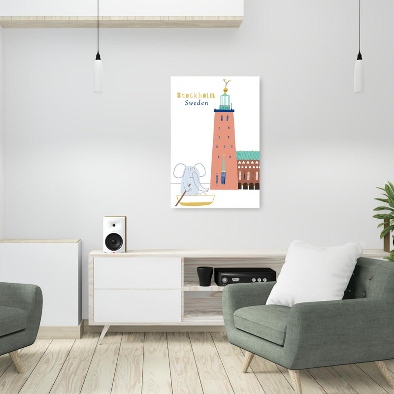 Hôtel de ville de Stockholm, art mural moderne représentant un éléphant et une architecture urbaine, H 36 po x l 24 po