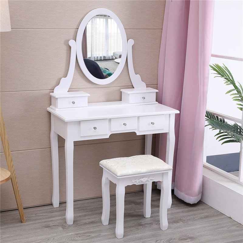 Ensemble de meuble-lavabo en bois massif avec tabouret et miroir Erlantz, Blanc