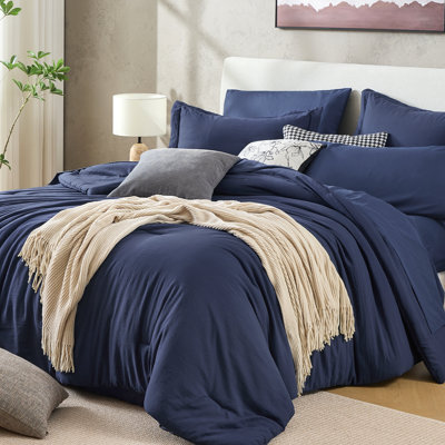 Sasttie Navy Blue Queen Comforter Set 7-Piece, Pre-Washed Bed in a Bag