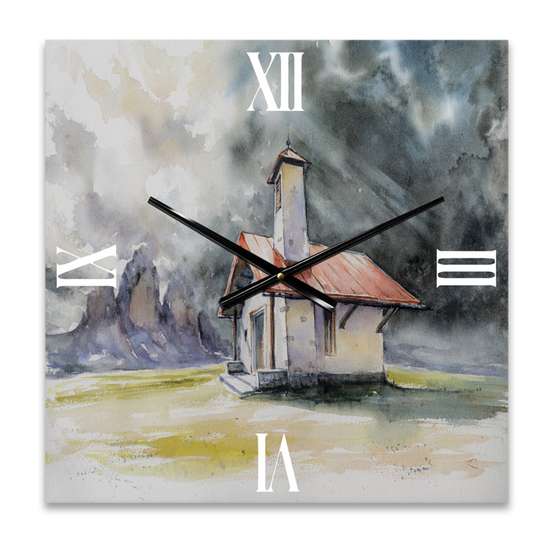 Rustic House on Mountain Top During Storm - Country Wall Clock, Small