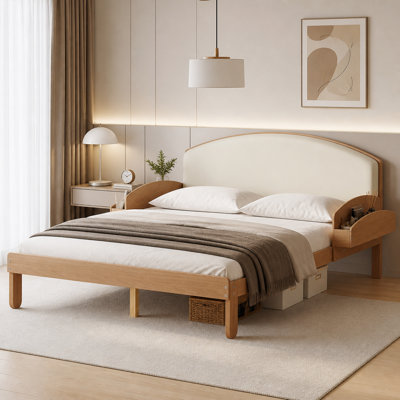 Upholstered Headboard Wood Bed Frame,Curved Padded Headboard with Arched Legs & Side Storage Shelves