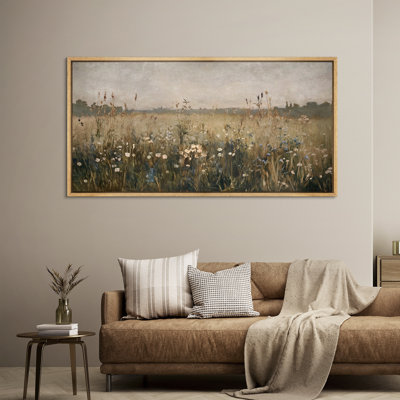Muted Meadow Wildflower Landscape Framed Canvas Wall Art - Rustic Nature Scene for Entryway or Study