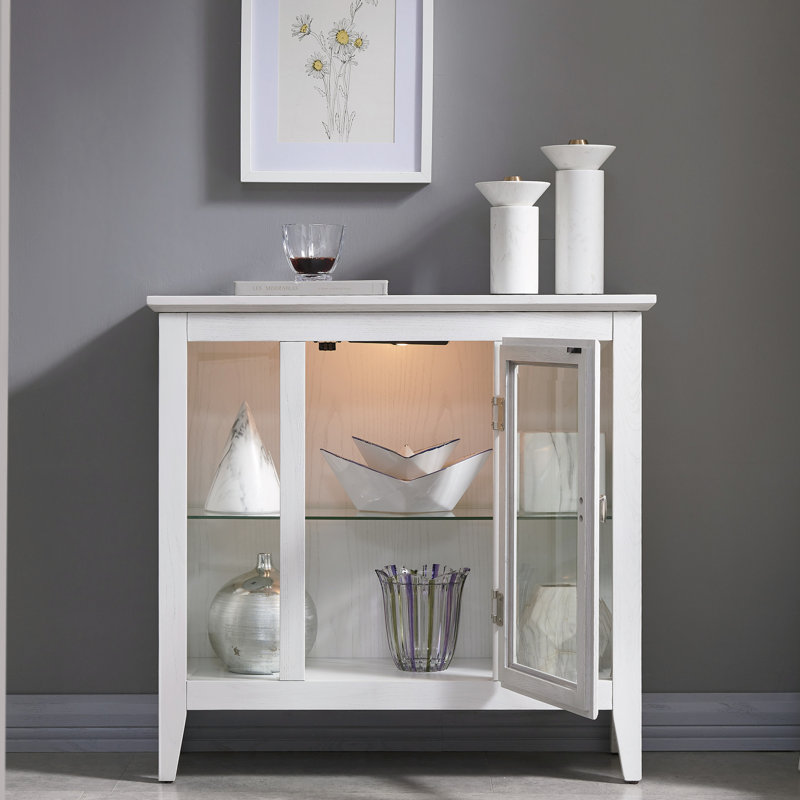 Vitrine d'entrée en bois massif avec lumière intérieure, Blanc patiné