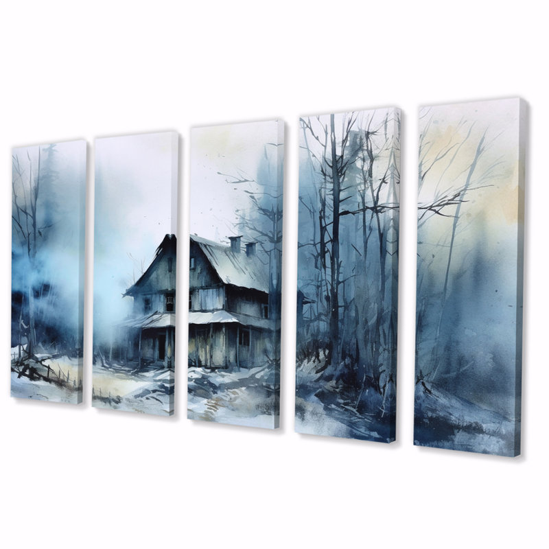 «Blue Grey Nordic Village II», impression sur toile de paysage abstrait - 5 panneaux égaux