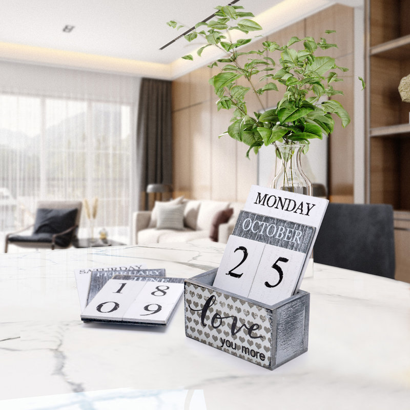 Calendrier perpétuel avec blocs en bois et calendrier en bois rétro pour les accessoires de bureau à domicile, Love You More