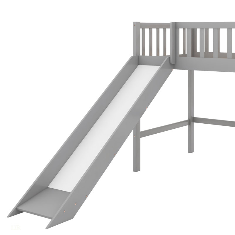 Lit mezzanine simple bas avec échelle et toboggan, gris, conception peu encombrante pour le plaisir et la fonctionnalité dans les petites pièces