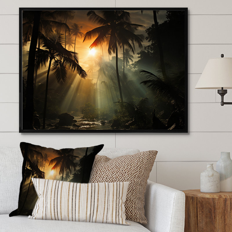 Palmiers Sunsert sur toile, Cadre flottant noir, H 34 po x l 44 po x P 1,5 po