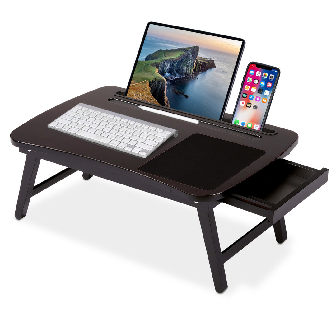 BIRDROCK HOME Curved Lap Tray With Storage Drawer & Mouse Pad - Laptop Table For Sitting Or Standing - Bed Couch Chair Sofa Lap Tray - Work From Home - Homework Student Floor (Natural) Sofia + Sam