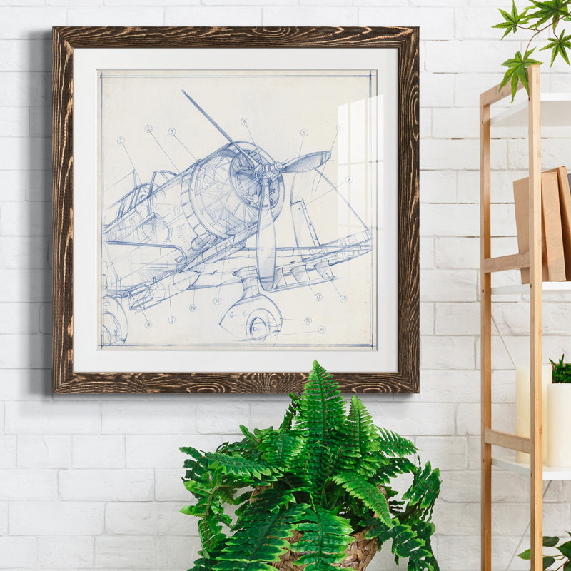 Croquis mécanique d'avion I-Premium, reproduction encadrée - prêt à être accroché, Papier avec cadre noyer, Blanc