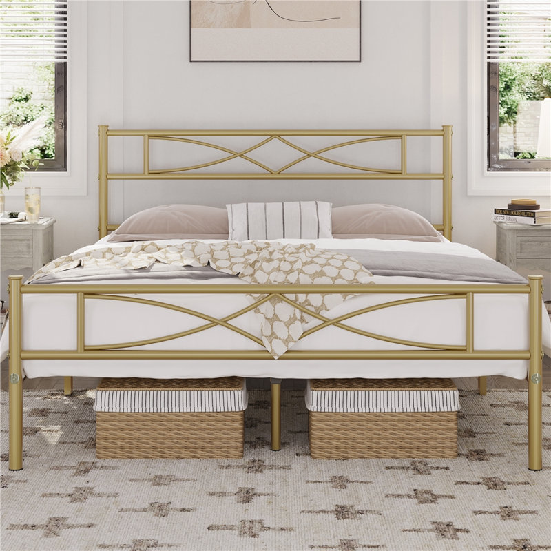 Anelis Metal Bed Frame Platform with Curved Design Headboard & Footboard, Full, Antique Gold