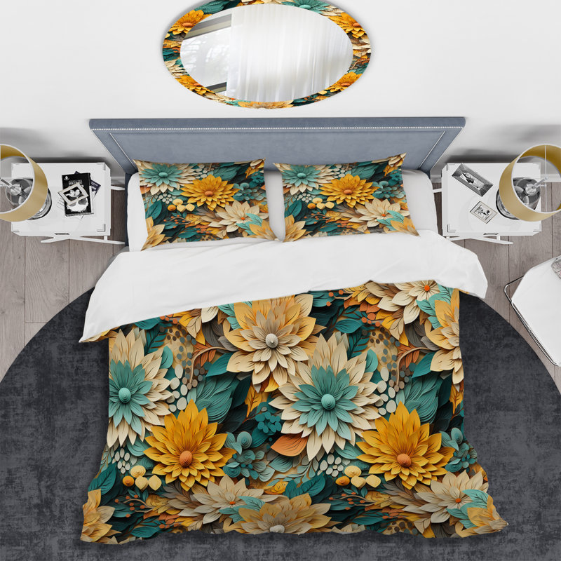 Literie à motif chorale de chrysanthèmes Mandala, Housse de couette pour très grand lit et 2 très