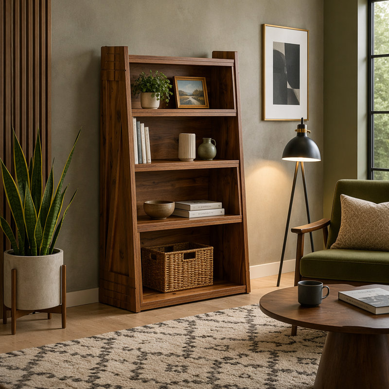 Bibliothèque convertible modulaire en noyer avec 3 configurations interchangeables pour un rangement et une présentation flexibles, parfaite pour les maisons modernes