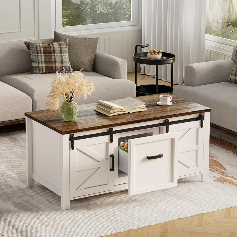 Table basse avec tiroir réfrigéré, armoire de rangement avec porte de grange coulissante, tablettes réglables, table de salon blanche et brune de 47,2 po
