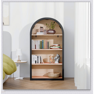 Bibliothèque à 4 niveaux arquée noire de 43 pouces de hauteur avec tablettes de rangement spacieuses pour un décor moderne et traditionnel