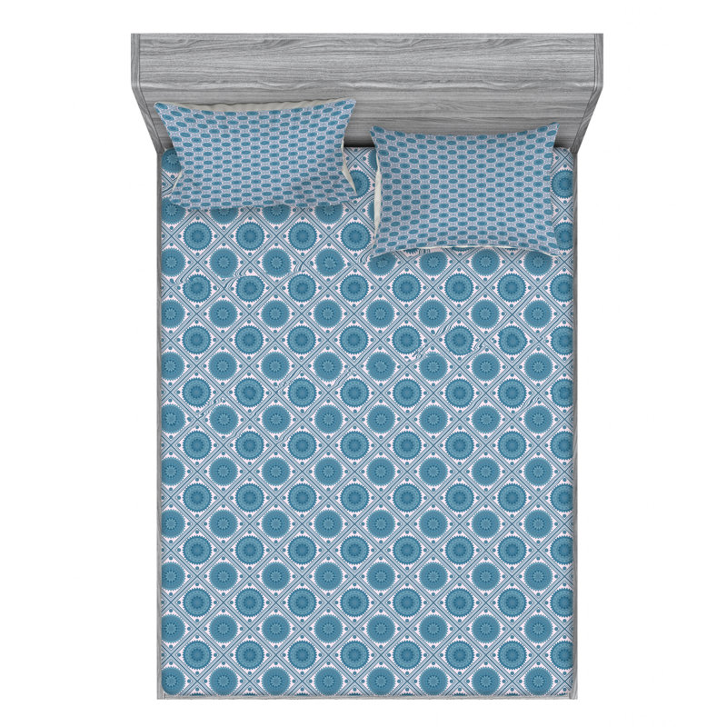 Microfiber Floral Fitted Sheet, Full Sheet Set with Fitted Sheet, Dark Blue Geometric