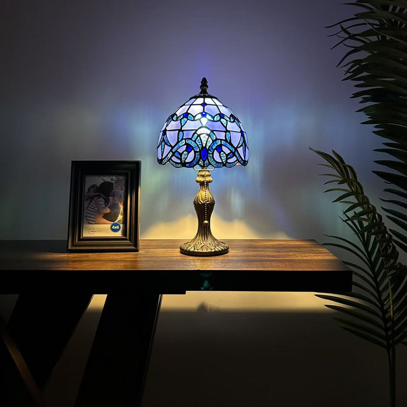 Bloomsbury Tiffany Mini Table Lamp Stained Glass Baroque Style Lavender LED Bulb Included 8"W*8"D*15"H, Blue