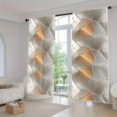 2Pcs Geometric Abstract Curtains, Modern 2D Effect Art Panels for Living Room Bedroom Kitchen Window Drapes, Light Filtering Curtain with Rod Pocket Home Decor