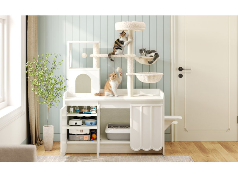 Arbre à chat 50,6 po avec bac à litière, tour pour chat avec poteau à griffes en sisal et espace de rangement
