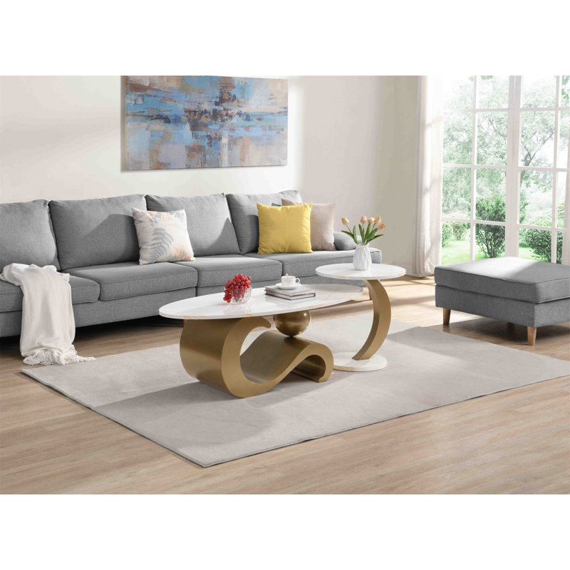 Modern Nesting Coffee Table Set Of 2 End Table For Living Room, Oval And Round Table Set