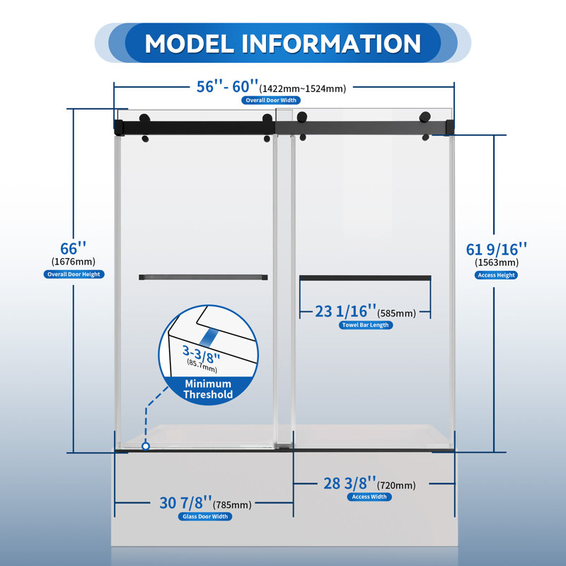Porte de douche coulissante double de 142-152 cm (L) x 168 cm (H) avec verre trempé de 10 mm, rail en acier inoxydable, fini noir