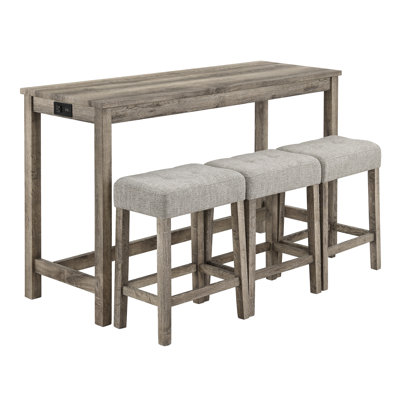 Ensemble de table de bar avec prise de courant, bois massif et panneau de fibres à densité moyenne, table de salle à manger et chaises de style industriel pour la cuisine, la salle à manger, le salon et la salle de jeux