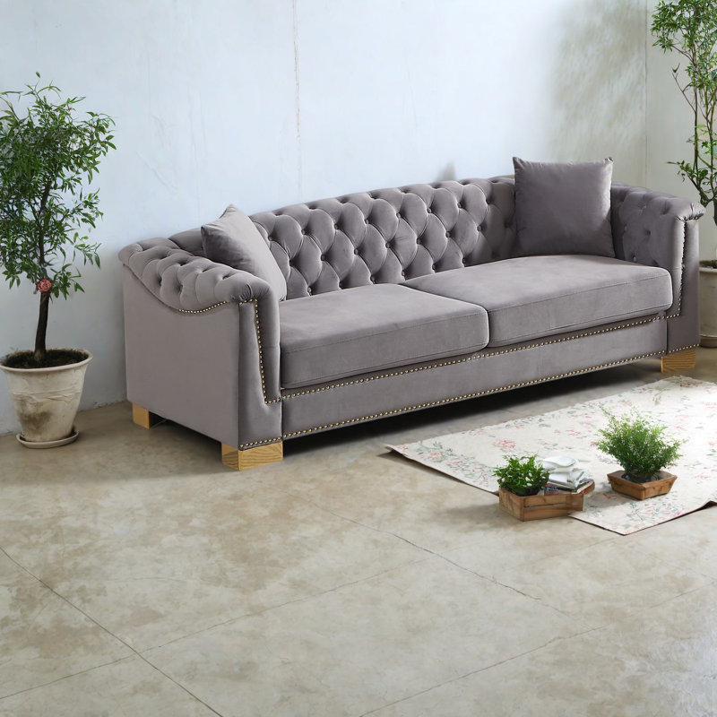 Canapés luxueux en velours, canapé Chesterfield de 84 pouces avec accoudoirs roulés, design moderne pour le salon
