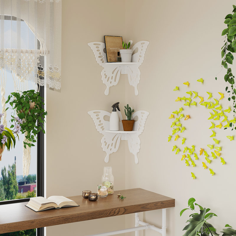 Butterfly Corner Shelf Nursery Wall Deor Floating Corner Shelf For Kid’s Room, Small Cute Decorative Shelf Wall Mounted, White Hanging Hollow Out Shelf For Toys, Plants And Decorations Storage, White