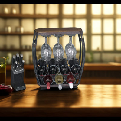 Support à vin autoportant avec porte-verre - Support de rangement de comptoir en métal et en bois préassemblé pour bouteilles de vin et verres, décoration de bar peu encombrante