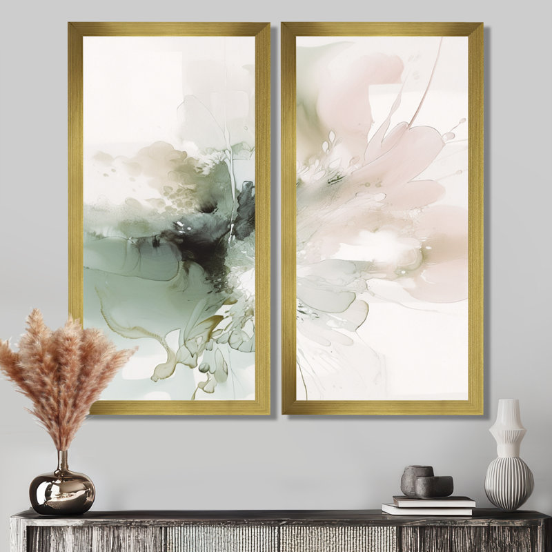 «Green and Cream Essence Of Modernity - Abstract Marble Impressions encadrées, art mural abstrait sur toile verte 2 pièces