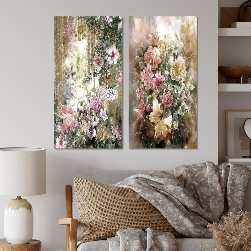 «Grunge Pink Green Summer Flowers», ensemble de 2 peintures sur toiles, H 20 po x l 24 po x P 1 po, Toile tendue