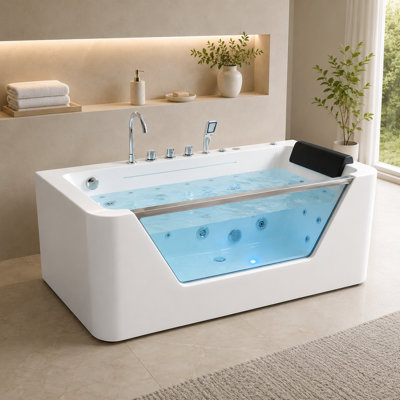 67" Whirlpool Bathtub with 7 Hydrotherapy Jets & Tempered Glass Panel – Single Acrylic Jetted Soaking Tub, Chromotherapy LED Lights, 125° Recline, 660 LBS Capacity, UL Certified, White