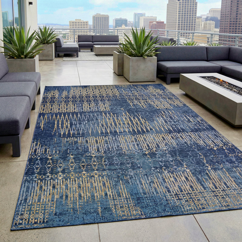 Hause Abstract Indigo Blue Indoor Outdoor Area Rug, Rectangle 5'3" x 7'6"
