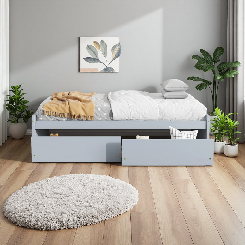Lit simple avec 2 tiroirs, lit en bois d'hévéa massif, Gris