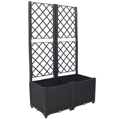 Lit surélevé en poly rotin brun avec bouchon de drainage - 2 pots amovibles avec de grandes jardinières - Support intégré pour plantes grimpantes - Décoration de jardin pour l'extérieur